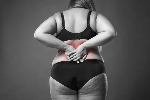 Πίσω πόνο, λίπος γυναίκα με οσφυαλγία, υπέρβαροι γυναικείο σώμα σε γκρίζο φόντο — Φωτογραφία Αρχείου