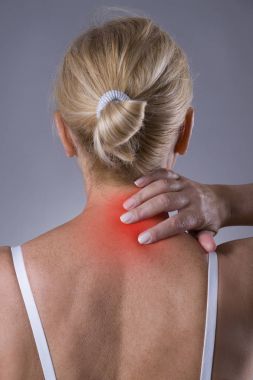 Neck pain, massage of female body, ache in woman's body clipart