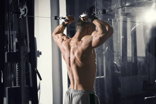 Entrenamiento de levantador de pesas en el entrenador en el gimnasio, cuerpo masculino muscular perfecto —  Fotos de Stock