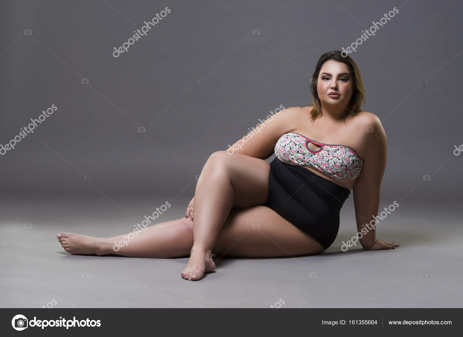 Plus Size Sexy Model In Underwear, Fat Woman On Gray Studio