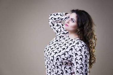 Plus size fashion model, fat woman on beige background, overweight female body clipart