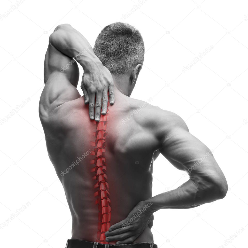 Spine pain, man with backache and ache in the neck, black and white photo with red backbone