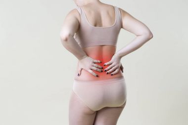 Back pain, kidney inflammation, ache in woman's body clipart