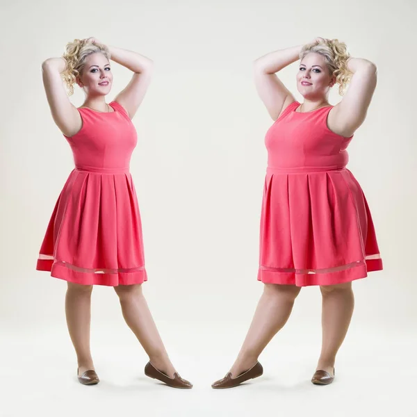 Plus size fashion model, fat woman on beige background, overweight