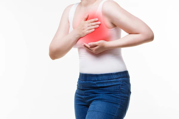 Vrouw borstkanker test, hartaanval, pijn in het menselijk lichaam — Stockfoto
