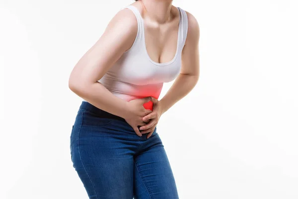 Woman with abdominal pain, stomachache on white background — Stock Photo, Image