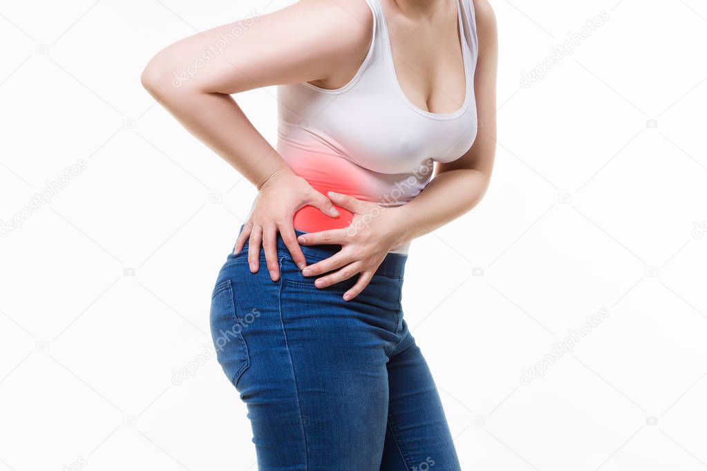 Woman with abdominal pain, stomachache on white background