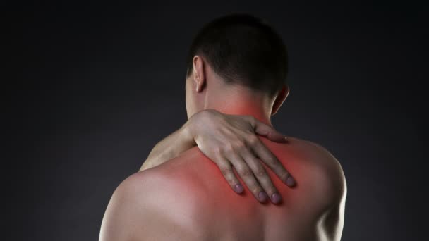 Neck Pain Man Backache Black Background Red Dots — Stock Video