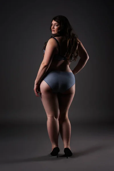 Además de modelo sexy de tamaño en ropa interior, mujer gorda sobre fondo gris, cuerpo femenino con sobrepeso —  Fotos de Stock