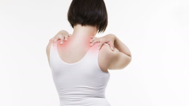 颈部疼痛 女性背痛在白色背景 工作室拍摄 — 图库视频影像