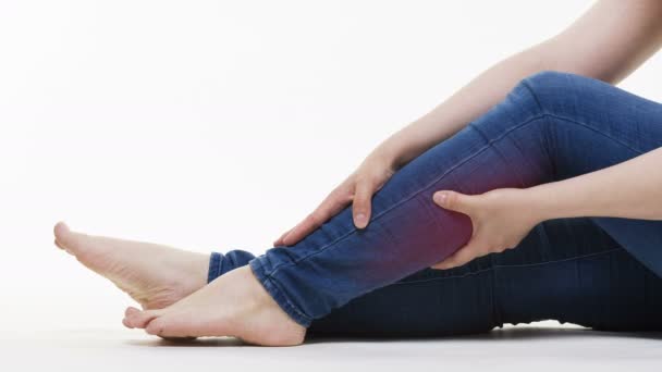 Pain Woman Legs Massage Female Feet White Background Studio Shot — Stock Video