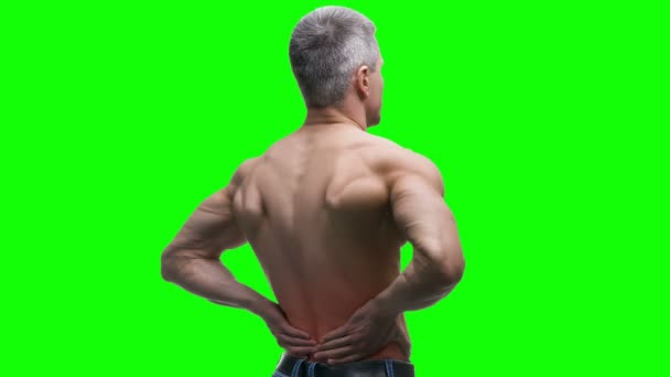 Rückenschmerzen Nierenentzündung Älterer Muskulöser Mann Mit Rückenschmerzen Auf Grünem Hintergrund — Stockvideo