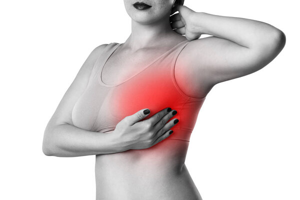 Breast test, woman examining her breasts for cancer, heart attack, pain in human body isolated on white background