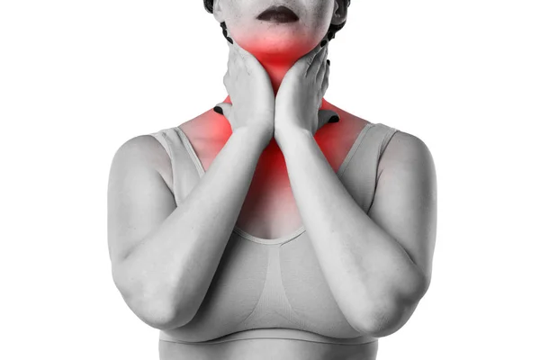 白い背景の上分離された喉の痛み スタジオ撮影の痛みを持つ女性 — ストック写真
