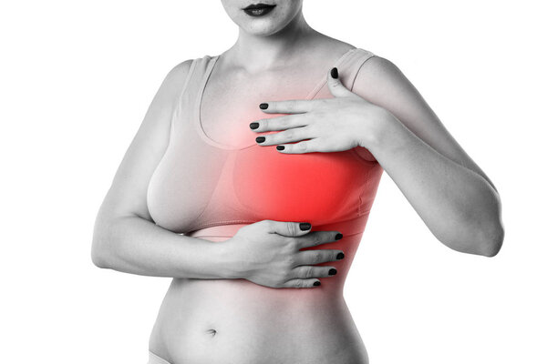 Breast test, woman examining her breasts for cancer, heart attack, pain in human body isolated on white background