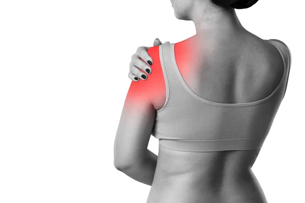 Woman Pain Shoulder Isolated White Background Studio Shot Red Dot — Stock Photo, Image