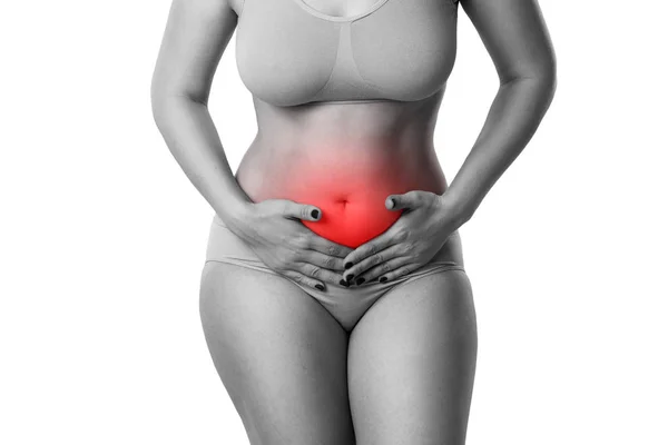 妇女腹部疼痛 胃痛隔离白色背景 工作室拍摄红点 — 图库照片