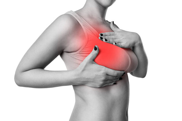 Breast test, woman examining her breasts for cancer, heart attack, pain in human body isolated on white background