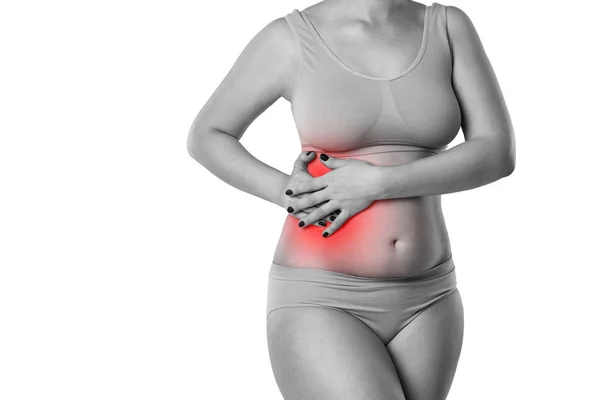 Woman Abdominal Pain Isolated White Background Ache Right Side — Stock Photo, Image