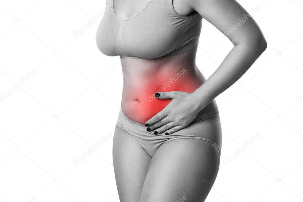 Woman with abdominal pain isolated on white background, ache in left side