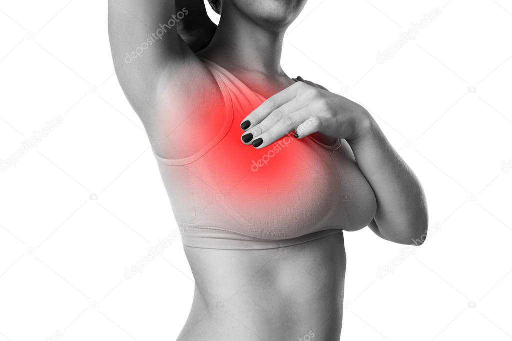 Breast test, woman examining her breasts for cancer, heart attack, pain in human body isolated on white background