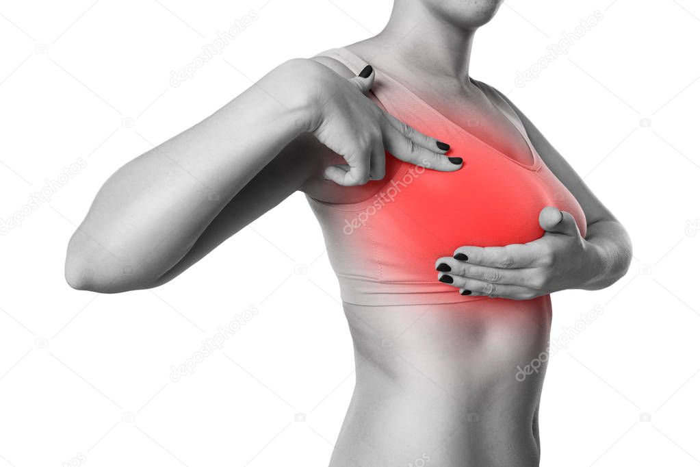 Breast test, woman examining her breasts for cancer, heart attack, pain in human body isolated on white background