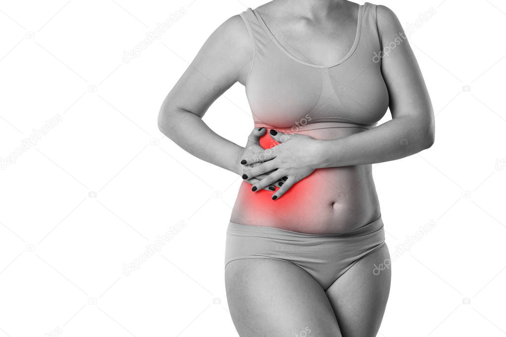 Woman with abdominal pain isolated on white background, ache in right side