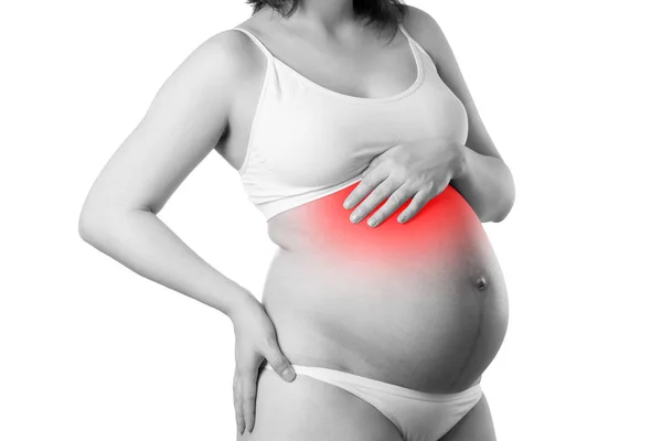 Mujer embarazada con dolor abdominal, riesgo de parto prematuro —  Fotos de Stock