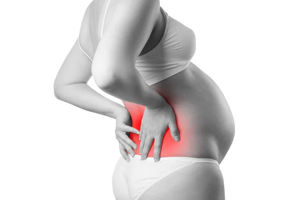 Mujer embarazada con dolor de espalda, riesgo de parto prematuro —  Fotos de Stock