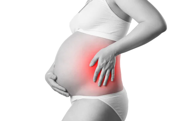 Femme enceinte souffrant de maux de dos, risque de naissance prématurée — Photo