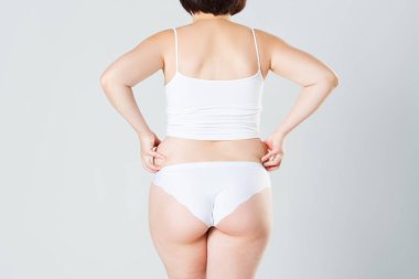 Şişman kalçaları ve kalçaları olan şişman bir kadın, gri arka planda obez bir kadın vücudu.