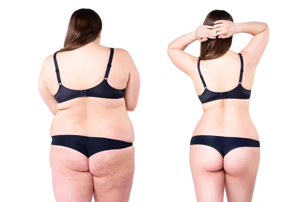 Cuerpo de la mujer antes y después de la pérdida de peso aislado sobre fondo blanco — Foto de Stock