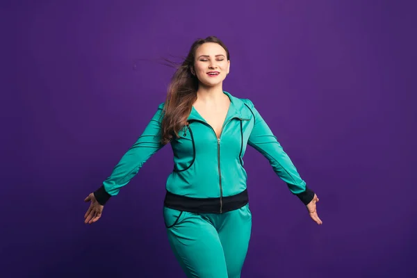Happy Size Model Tracksuit Fat Woman Purple Background Body Positive — Stock Photo, Image