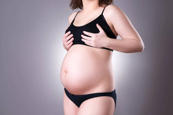 Mastitis Pregnancy Breast Pain Swelling Mammary Glands Studio Shot Gray — Stock Photo, Image