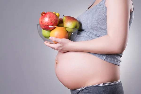 Pregnancy Nutrition Pregnant Woman Fresh Fruit Gray Background Studio Shot — Stock Photo, Image