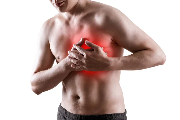 Ataque Cardíaco Hombre Con Dolor Torácico Aislado Sobre Fondo Blanco —  Fotos de Stock