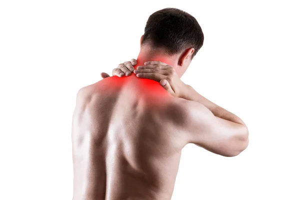 Nackenschmerzen Mann Mit Rückenschmerzen Isoliert Auf Weißem Hintergrund Schmerzhafter Bereich — Stockfoto