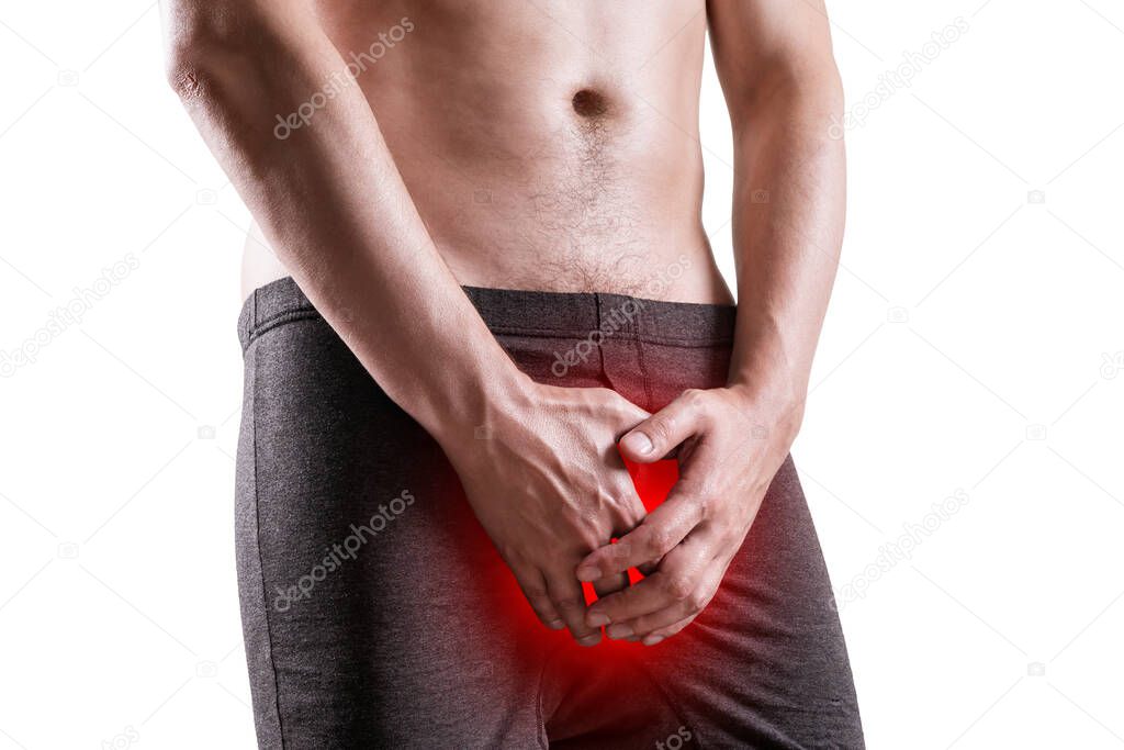 Urological genital infections concept, pain in prostate, man suffering from prostatitis or from a venereal disease, isolated on white background, painful area highlighted in red