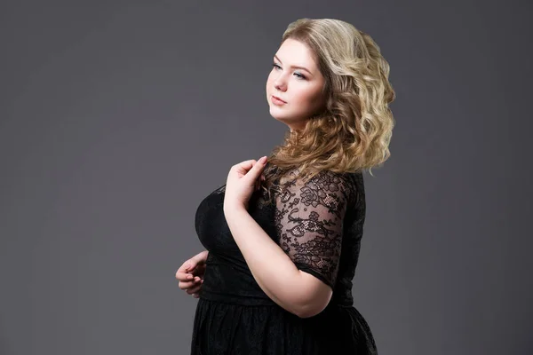 Size Fashion Model Black Dress Fat Woman Gray Background Body — Stock Photo, Image