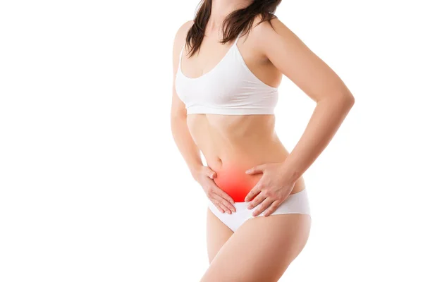 Woman Abdominal Pain Stomachache Isolated White Background Painful Area Highlighted — Stock Photo, Image