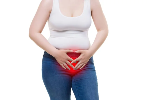 Woman Menstrual Pain Stomachache Isolated White Background Painful Area Highlighted — Stock Photo, Image