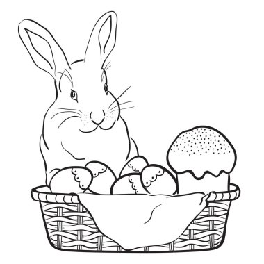 Paskalya tavşanı, sepet, yumurta ve kek. Vektör çizim