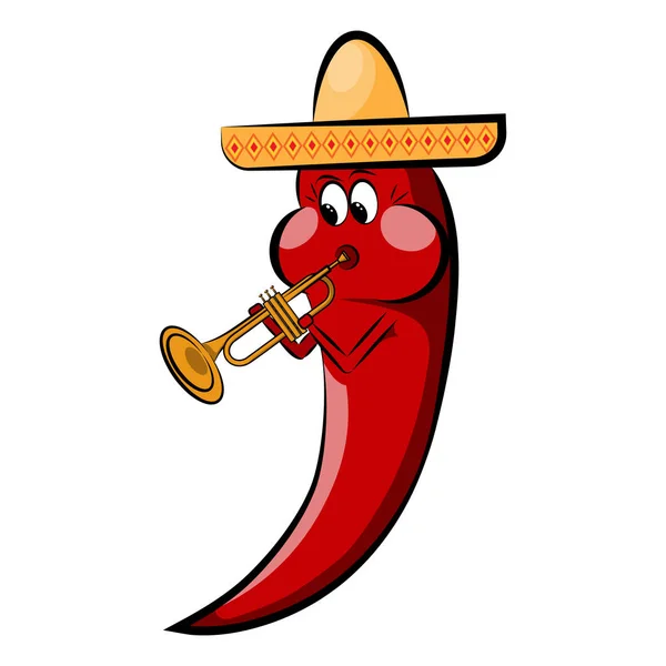 Caricature rouge poivre dans un sombrero joue sur une pipe.Vacances Cinco de Mayo — Image vectorielle