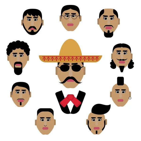 Набор мужских лиц с различными прическами, усами, бородой — стоковый вектор