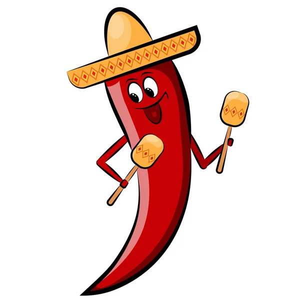 Red cartoon pepper in sombrero with maracas. Holidays Cinco de Mayo — Stock Vector