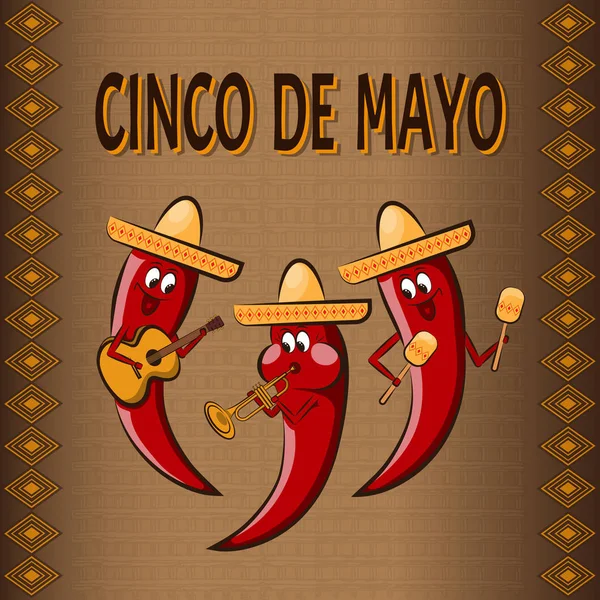 Sfondo celebrativo Cinco De Mayo, con tre peperoni cartoon — Vettoriale Stock