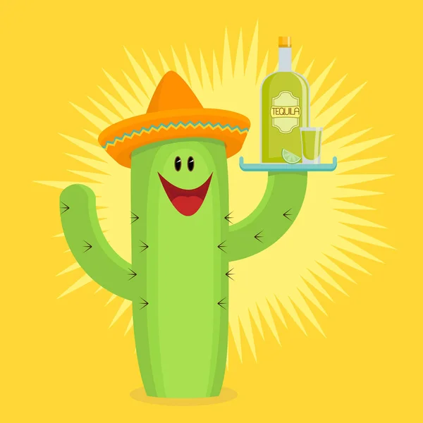 Un cactus allegro in un sombrero su fondo giallo con una bottiglia di tequila. Un biglietto di auguri . — Vettoriale Stock