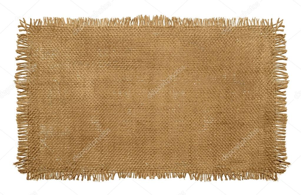 Burlap Hessian Sack material with worn frayed edges isolated on a white background