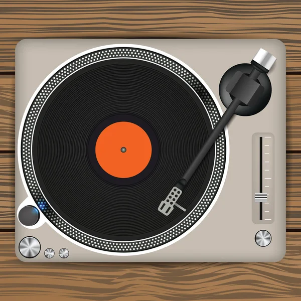 Vintage turntable with disc on wood — Stock Vector