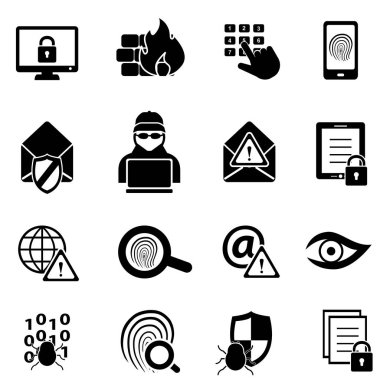 Cybersecurity, virüs ve bilgisayar güvenlik simgeleri